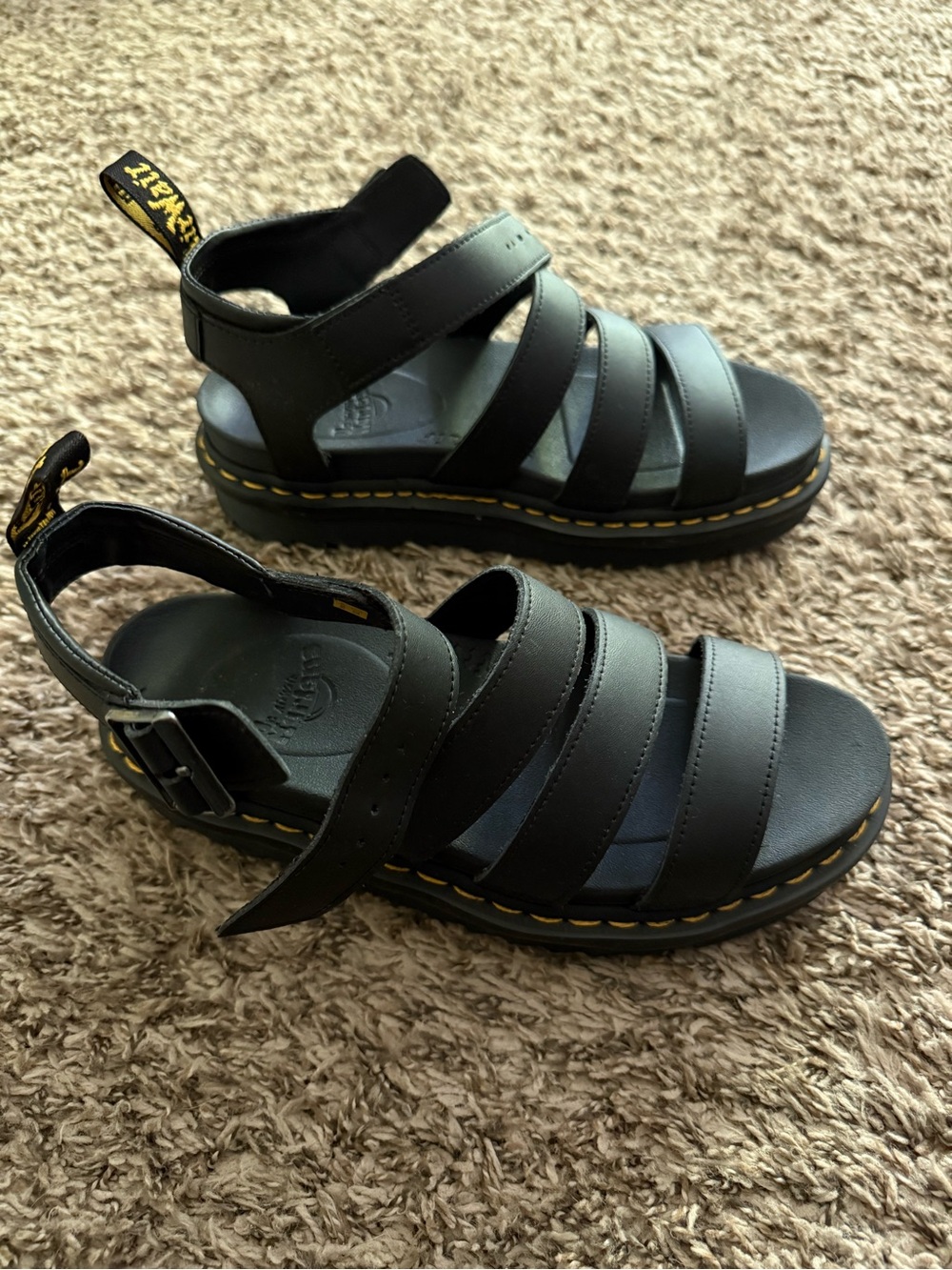 Dr. Martens Black Leather Multi-Strap Sandals with Yellow Stitching